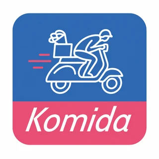 Logo de Komida delivery con su insignia azul y rosa de scooter