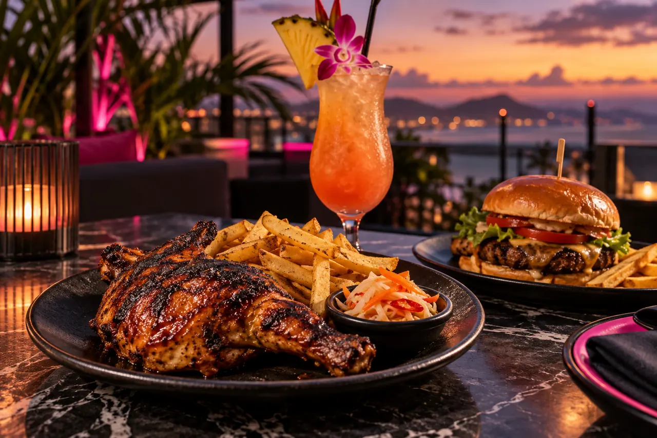 Ilustración de pollo BBQ, hamburguesa, papas fritas y bebida tropical en una mesa de azotea